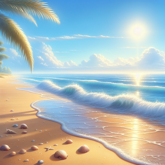 A peaceful beach with gentle waves and a bright sky