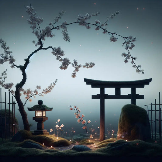 A peaceful twilight scene with a weathered torii gate, glowing fireflies, and delicate cherry blossoms symbolizing resilience during wartime in Japan.