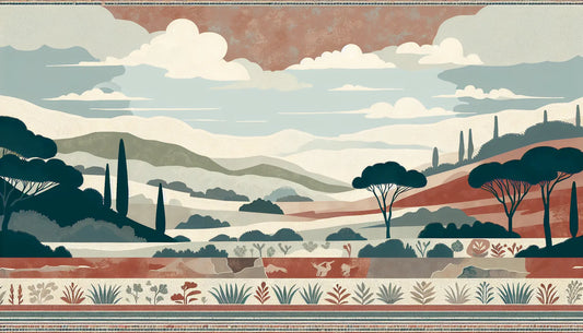 ruhige landschaft mit huegeln und gruener vegetation im stil roemischer mosaiken