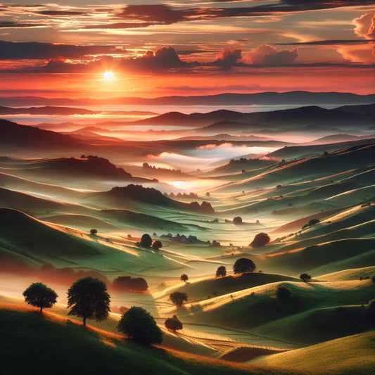 Sunset over rolling hills in a tranquil setting