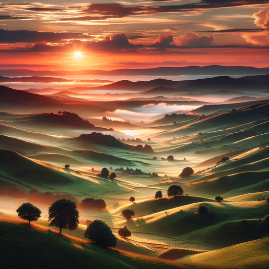 Sunset over rolling hills in a tranquil setting