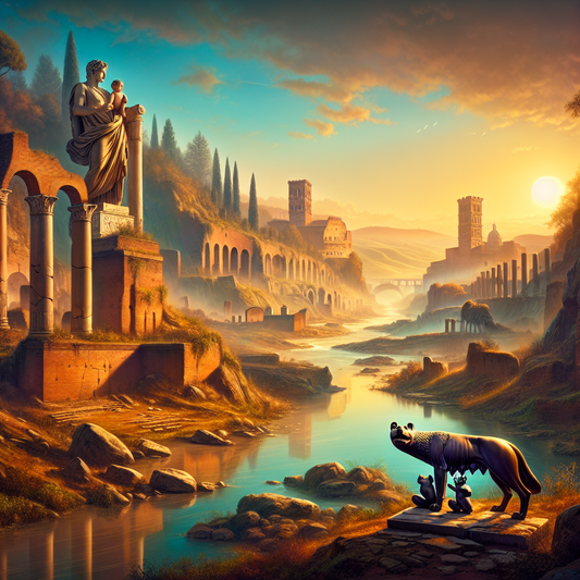 Silhouette of a she-wolf nursing twin infants Romulus and Remus by the ancient Tiber River ruins at sunrise, inspired by 1960s Roman historical epic films.