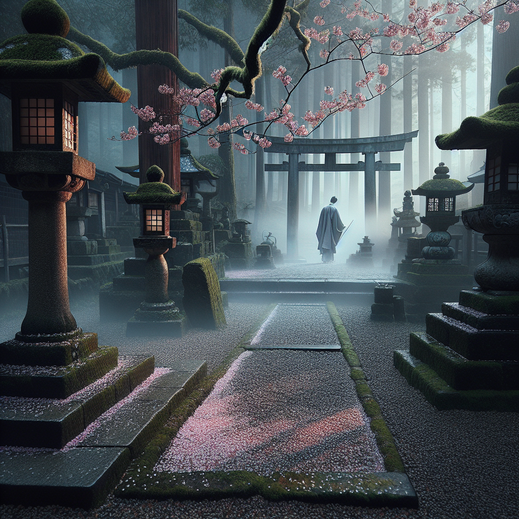 A tranquil Shinto shrine courtyard with a cherry blossom branch and a solitary figure in traditional kimono near a torii gate, in soft morning mist and muted colors.