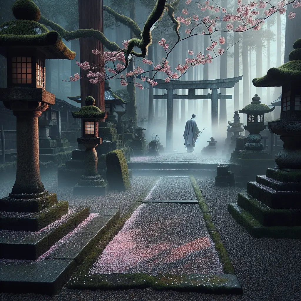 A tranquil Shinto shrine courtyard with a cherry blossom branch and a solitary figure in traditional kimono near a torii gate, in soft morning mist and muted colors.