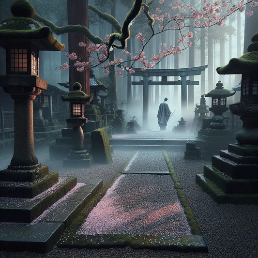 A tranquil Shinto shrine courtyard with a cherry blossom branch and a solitary figure in traditional kimono near a torii gate, in soft morning mist and muted colors.