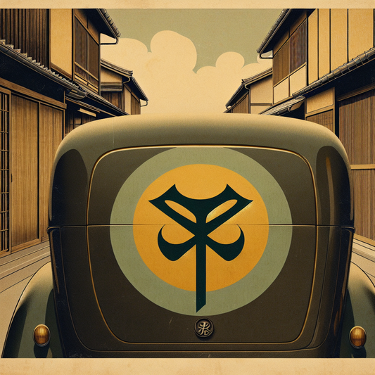 Close-up of a yellow and green Shoshinsha beginner driver symbol on a car with a subtle traditional Japanese street softly faded in the background, minimalistic and serene.