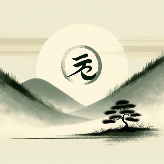 A serene and minimalist Japanese-inspired banner featuring a green and yellow Shoshinsha mark over a subtle sumi-e style landscape with soft brushstrokes, symbolizing new beginnings and humility.