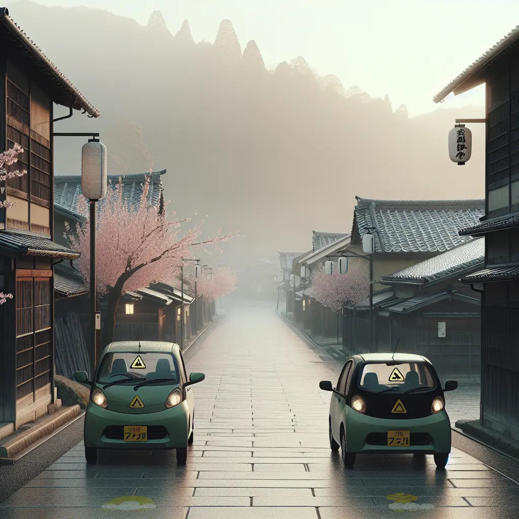 A quiet Japanese street at dawn with two small cars displaying subtle yellow and green Shoshinsha beginner driver marks, surrounded by traditional wooden buildings and soft natural light - minimalist and calm.