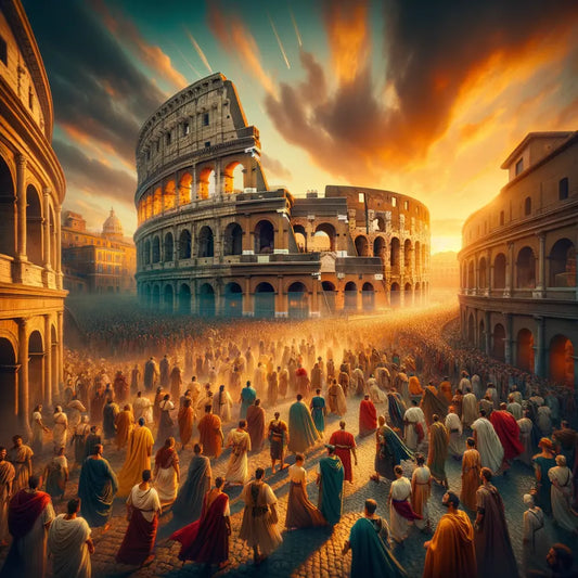 Vivid sunset over the Colosseum with ancient Romans in a lively crowd, reflecting 1960s historical epic film style.