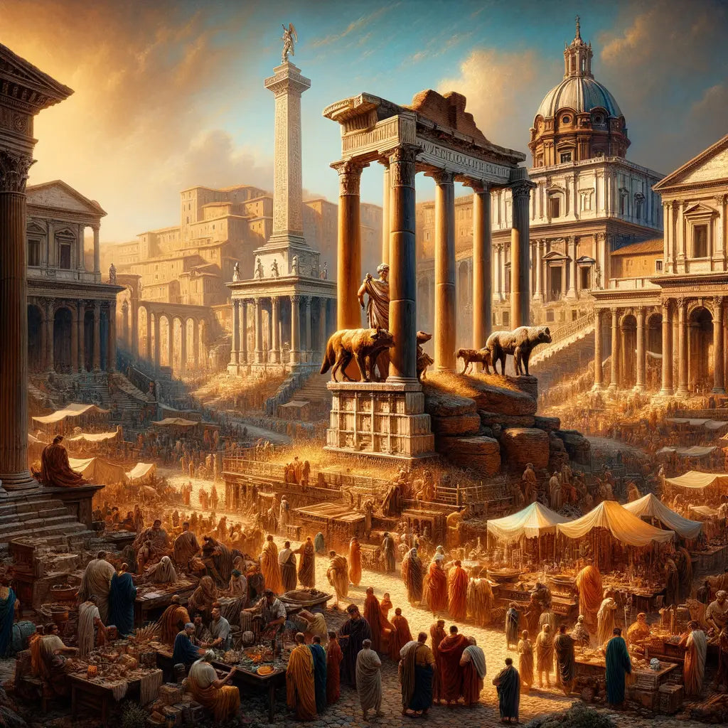 Bustling ancient Roman forum with a majestic statue of the Capitoline Wolf, surrounded by citizens and grand architecture, inspired by classic historical epic films of the 1960s.