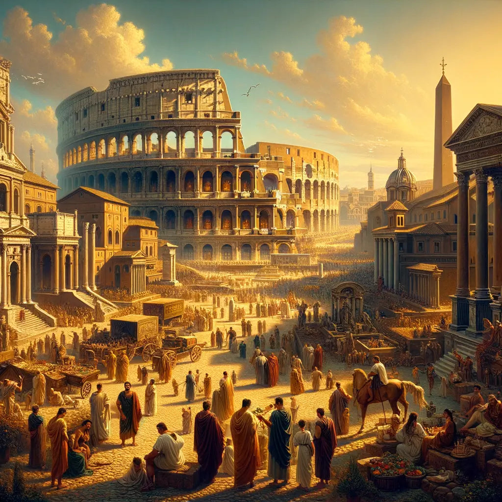 Panoramic view of ancient Rome, showcasing the Colosseum and Roman Forum, bustling with citizens, inspired by 1960s historical epic films.