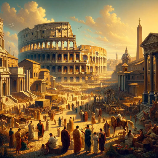 Panoramic view of ancient Rome, showcasing the Colosseum and Roman Forum, bustling with citizens, inspired by 1960s historical epic films.