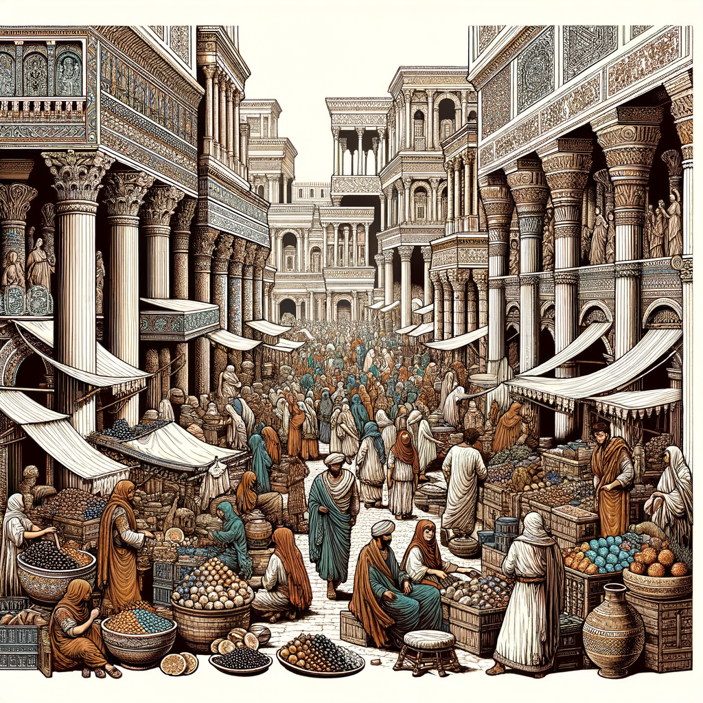 A busy Roman marketplace scene filled with merchants and locals in ancient Rome.