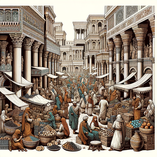 A busy Roman marketplace scene filled with merchants and locals in ancient Rome.