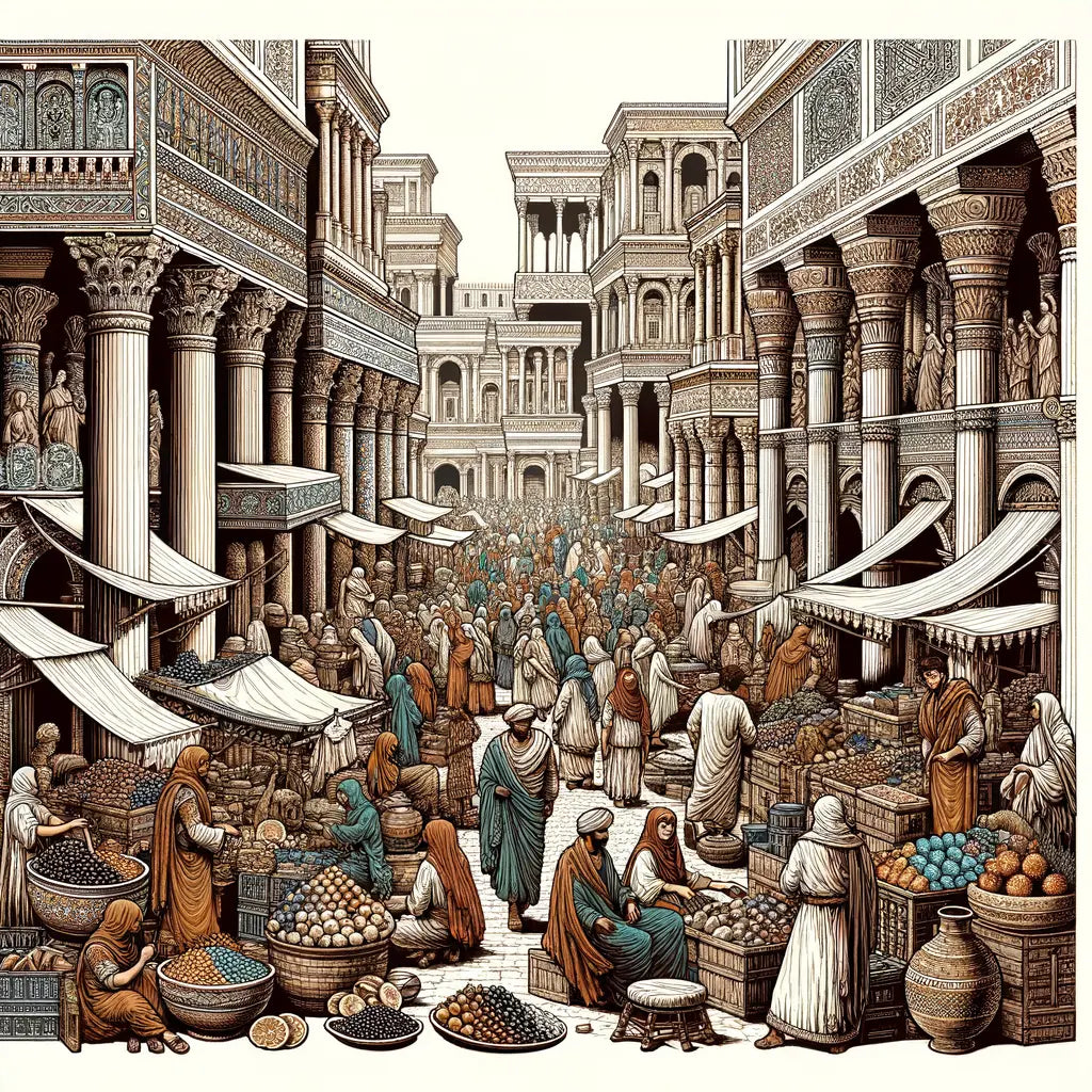 A busy Roman marketplace scene filled with merchants and locals in ancient Rome.