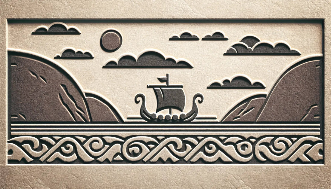 ruhige fjordlandschaft mit stilisiertem wikingerlangschiff im steinrelief dunkles ziegelrot auf hellem naturweiss