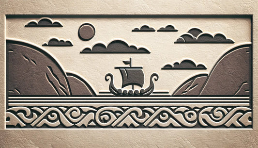 ruhige fjordlandschaft mit stilisiertem wikingerlangschiff im steinrelief dunkles ziegelrot auf hellem naturweiss