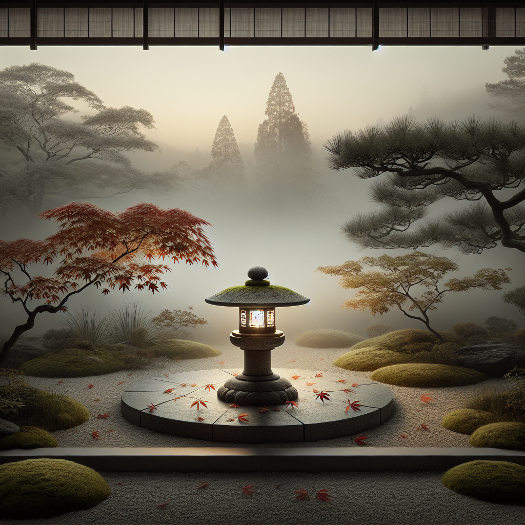 A softly glowing stone lantern surrounded by gentle mist and drifting maple leaves in a minimalist Japanese setting with muted colors and a quiet, balanced atmosphere.