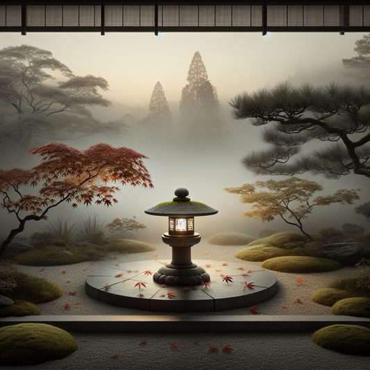 A softly glowing stone lantern surrounded by gentle mist and drifting maple leaves in a minimalist Japanese setting with muted colors and a quiet, balanced atmosphere.