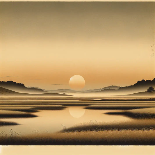 A minimalist traditional Japanese scene showing a warm golden sunrise over a calm landscape with a subtle rising sun motif in the sky, symbolizing hope and new beginnings.