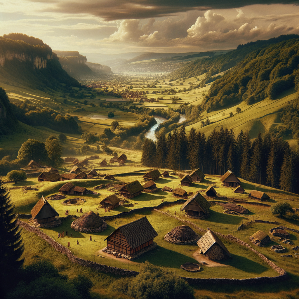 Ancient Celtic villages on the Swiss plateau, surrounded by forests and a flowing river, painted in the style of 1960s historical epic films.