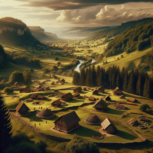 Ancient Celtic villages on the Swiss plateau, surrounded by forests and a flowing river, painted in the style of 1960s historical epic films.