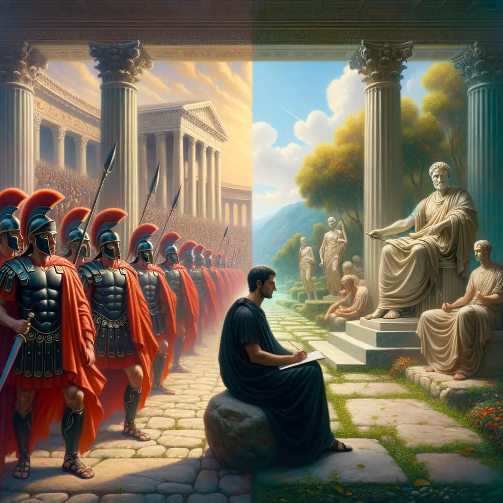 Julius Caesar leading Roman legionaries into battle against a backdrop of ancient Rome, while Marcus Aurelius writes in a tranquil garden, styled like 1960s historical films.