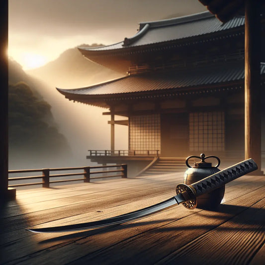 A polished samurai katana sword resting on wood with a misty traditional Japanese temple in soft sunrise light, minimalist and serene.