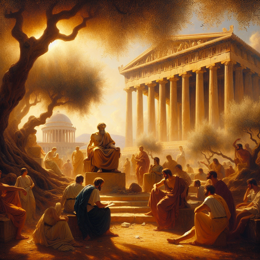 Socrates engaging in deep philosophical discussion under olive trees in ancient Athens, surrounded by attentive citizens near marble temples, inspired by 1960s historical film style.
