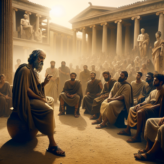 Socrates teaching a group of attentive students in an ancient Athenian marketplace under a bright Mediterranean sky, depicted in a cinematic 1960s historical epic style.