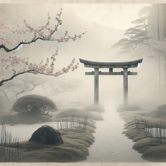 A minimalist peaceful scene of a solitary torii gate in morning mist with cherry blossoms and moss, embodying traditional Japanese calm and timelessness.