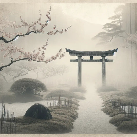 A minimalist peaceful scene of a solitary torii gate in morning mist with cherry blossoms and moss, embodying traditional Japanese calm and timelessness.