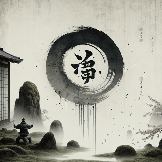 An elegant, minimalist abstract emblem blending ancient Roman, Norse, Stoic, and Japanese traditions symbolizing soul transformation, surrounded by mist and cherry blossoms in a serene Japanese zen garden setting.