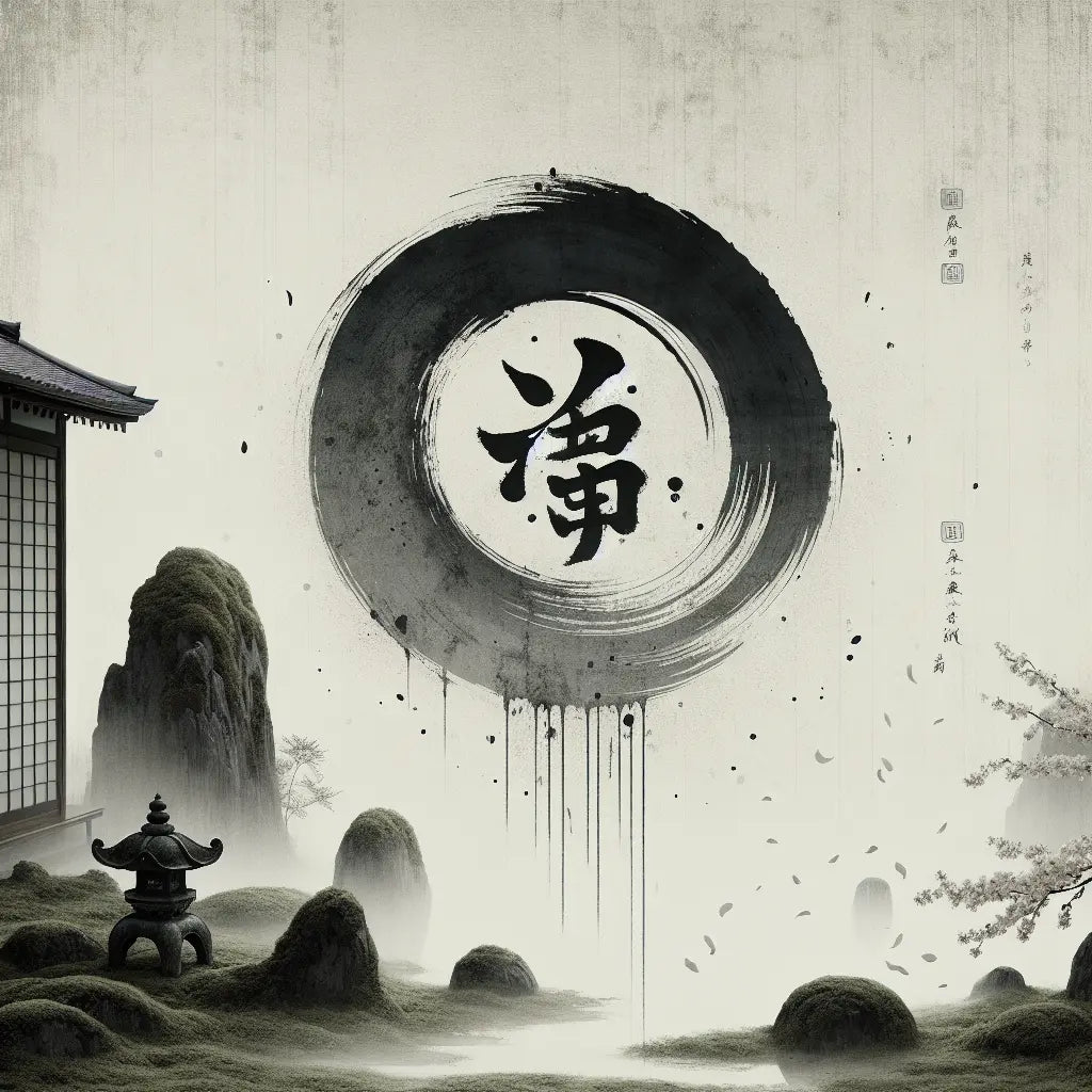 An elegant, minimalist abstract emblem blending ancient Roman, Norse, Stoic, and Japanese traditions symbolizing soul transformation, surrounded by mist and cherry blossoms in a serene Japanese zen garden setting.