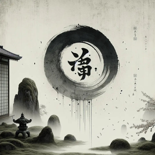 An elegant, minimalist abstract emblem blending ancient Roman, Norse, Stoic, and Japanese traditions symbolizing soul transformation, surrounded by mist and cherry blossoms in a serene Japanese zen garden setting.