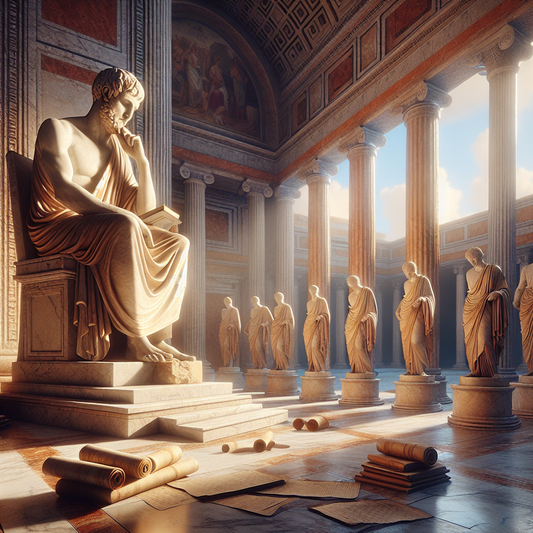 Classical Roman marble statue of Epictetus in a thoughtful pose surrounded by ancient scrolls under soft sunlight and a calm blue sky, styled like a 1960s historical epic painting.