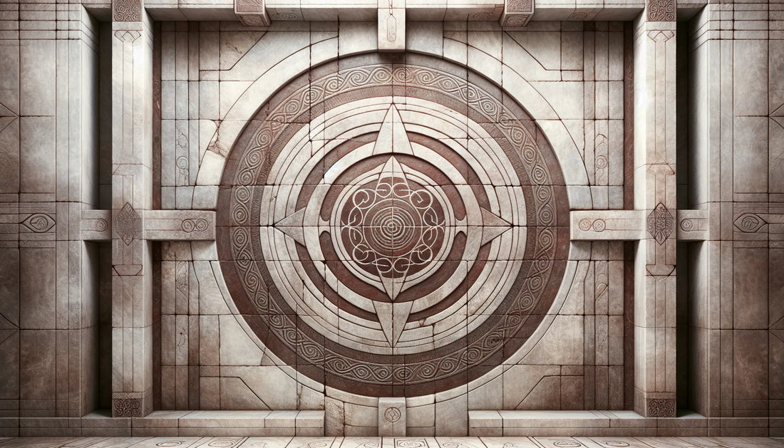 Steinrelief eines stilisierten kosmischen Kreises mit Ornamenten im roemischen Stil auf hellem Hintergrund