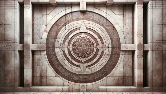 Steinrelief eines stilisierten kosmischen Kreises mit Ornamenten im roemischen Stil auf hellem Hintergrund