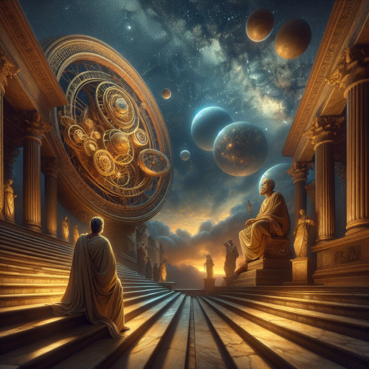 Roman philosopher in toga contemplating an intricate celestial clockwork under a twilight sky filled with softly glowing stars and galaxies symbolizing Stoic logos and universal reason.