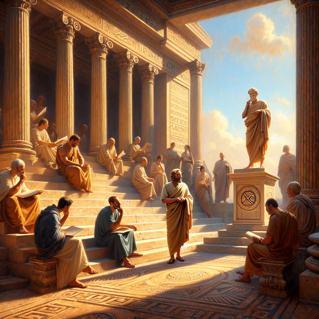 Stoic philosophers in Greco-Roman temple courtyard with Christian Chi-Rho symbol, blending ancient faith and reason in a cinematic 1960s epic painting style.