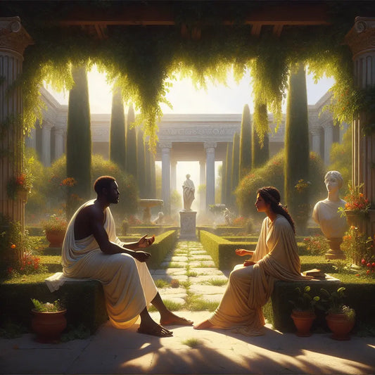 A Roman couple in a lush garden embodying Stoic love, dressed in traditional attire, reminiscent of a 1960s historical epic.