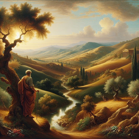 A serene landscape with a Roman philosopher by a stream, symbolizing Stoic virtues of harmony between emotion and reason.