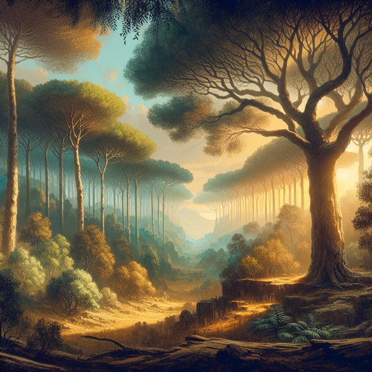 Serene landscape with a single tree in a vast Roman forest representing Stoic interconnectedness.