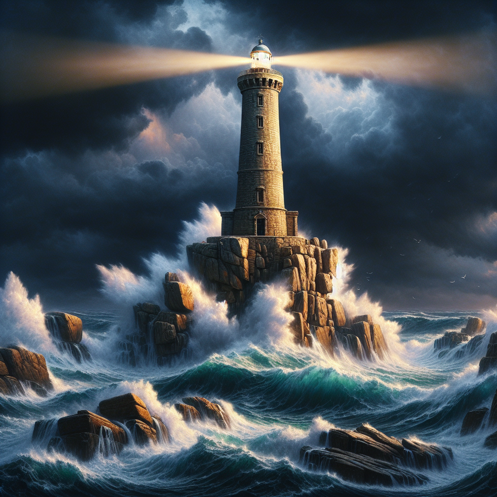 A stout lighthouse amid a stormy sea, symbolizing guidance through life's hardships in a cinematic historical style.