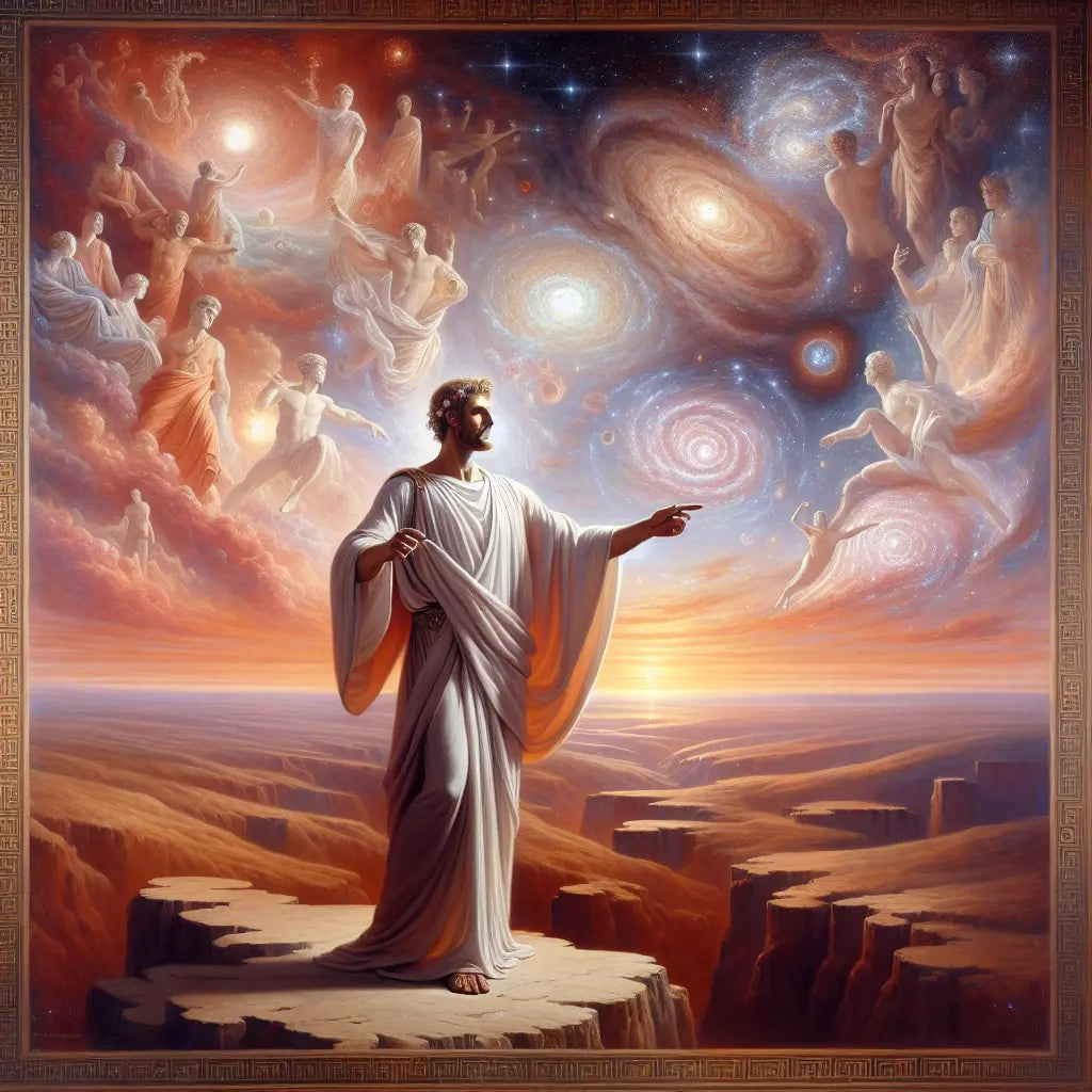 A Roman philosopher-conductor embodying Stoic logos orchestrates a harmonious cosmic symphony amid vibrant stars and flows of universal energy in a cinematic 1960s historical epic style.