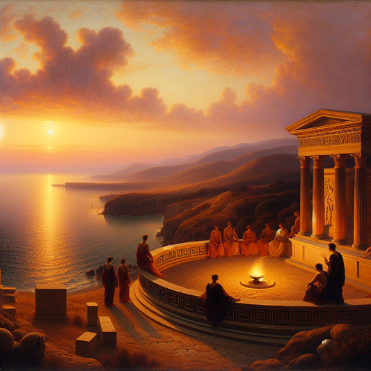 Peaceful sunset sea scene with a steady flame burning on a classical stone altar, surrounded by Roman philosophers in togas, evoking stoic love and reason, in the style of 1960s Roman historical epics.