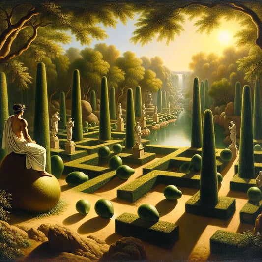 A Roman philosopher meditating in a serene garden setting, symbolizing Stoic peace and balance.