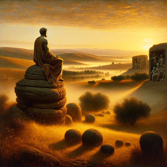 A modern individual meditating outdoors at sunrise with faint faces of ancient Stoic philosophers blending into the sky, symbolizing Stoic calm and mental resilience.