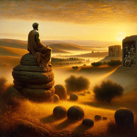 A modern individual meditating outdoors at sunrise with faint faces of ancient Stoic philosophers blending into the sky, symbolizing Stoic calm and mental resilience.