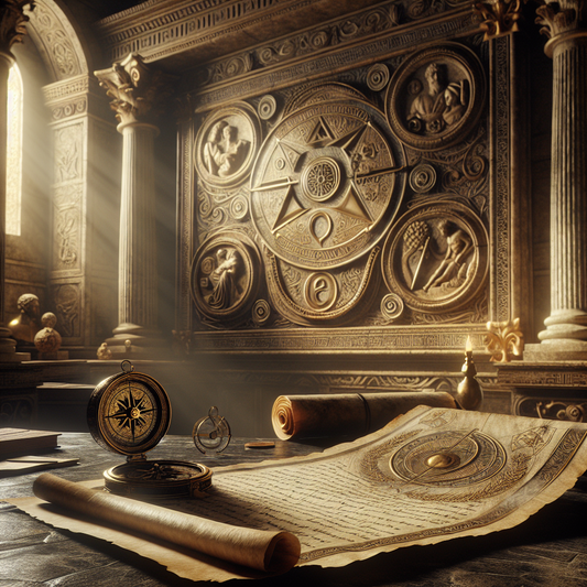 Ancient parchment with Stoic symbols and a vintage compass on a Roman table, styled like a 1960s historical film.